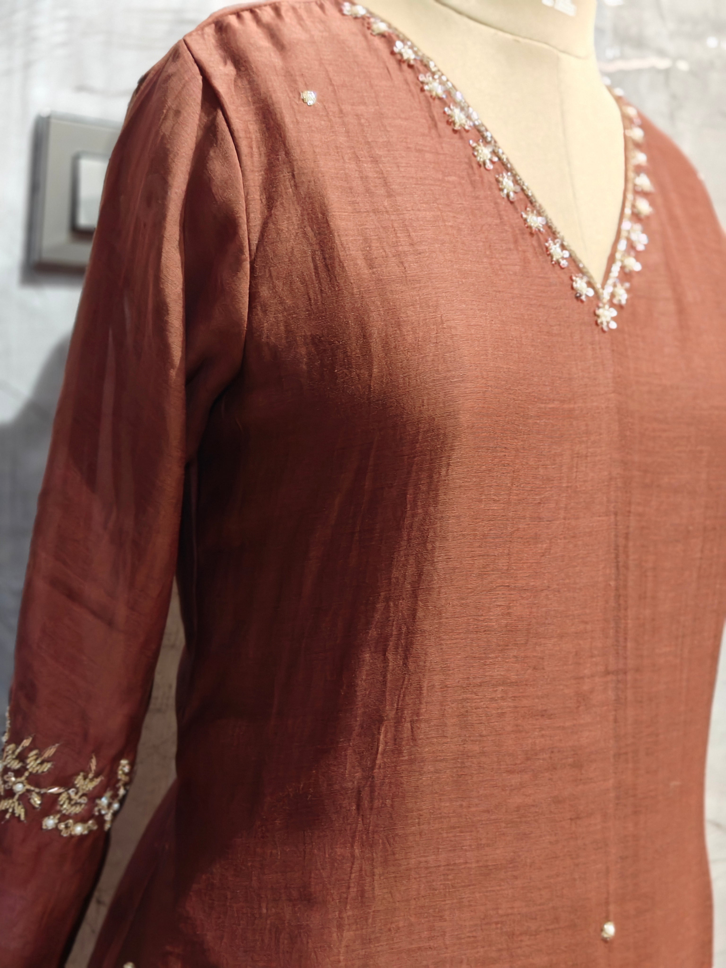 Brown Mul Chanderi Hand Embroidery Anarkali Kurtha 690