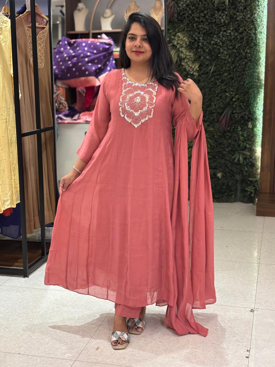 Pink Mul silk Thread Embroidery Airline Kurtha 288