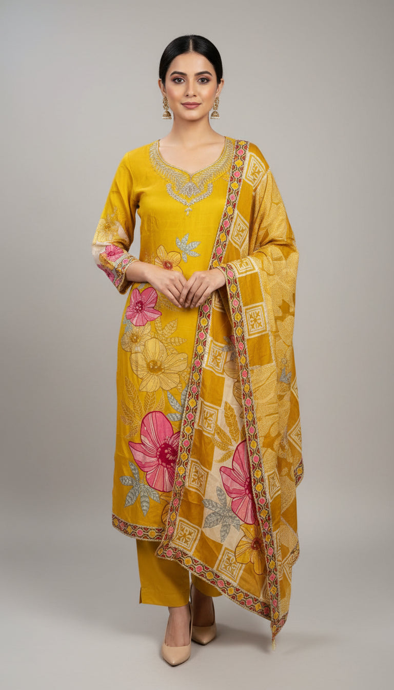 Yellow Digital Print Handwork Crepe Kurtha 533