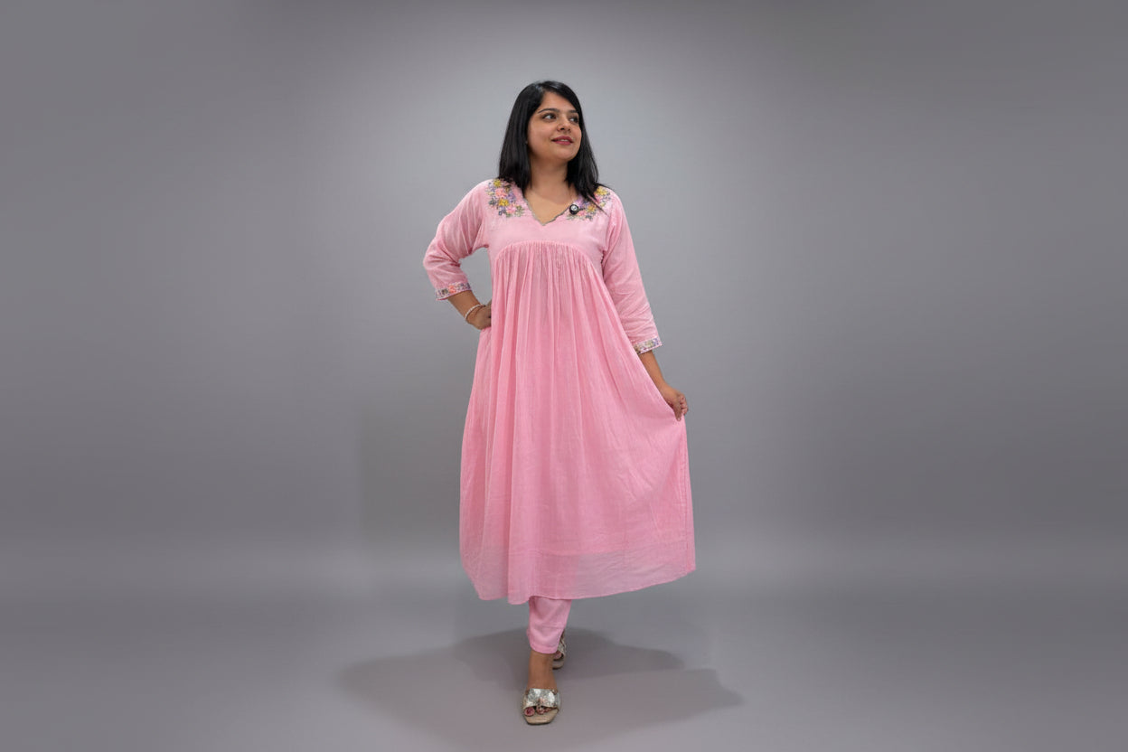 Pink Cotton Thread Embroidery Cord set  Kurtha 27