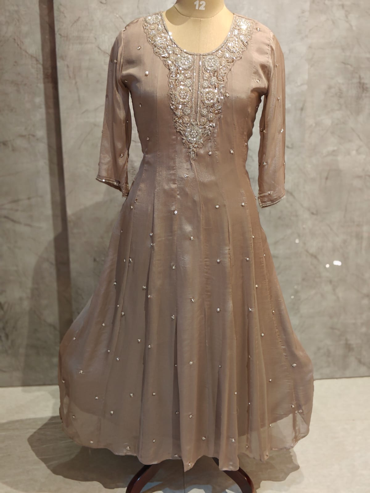 Beige Anarkali Chinnon Hand Embroidery Kurtha 567