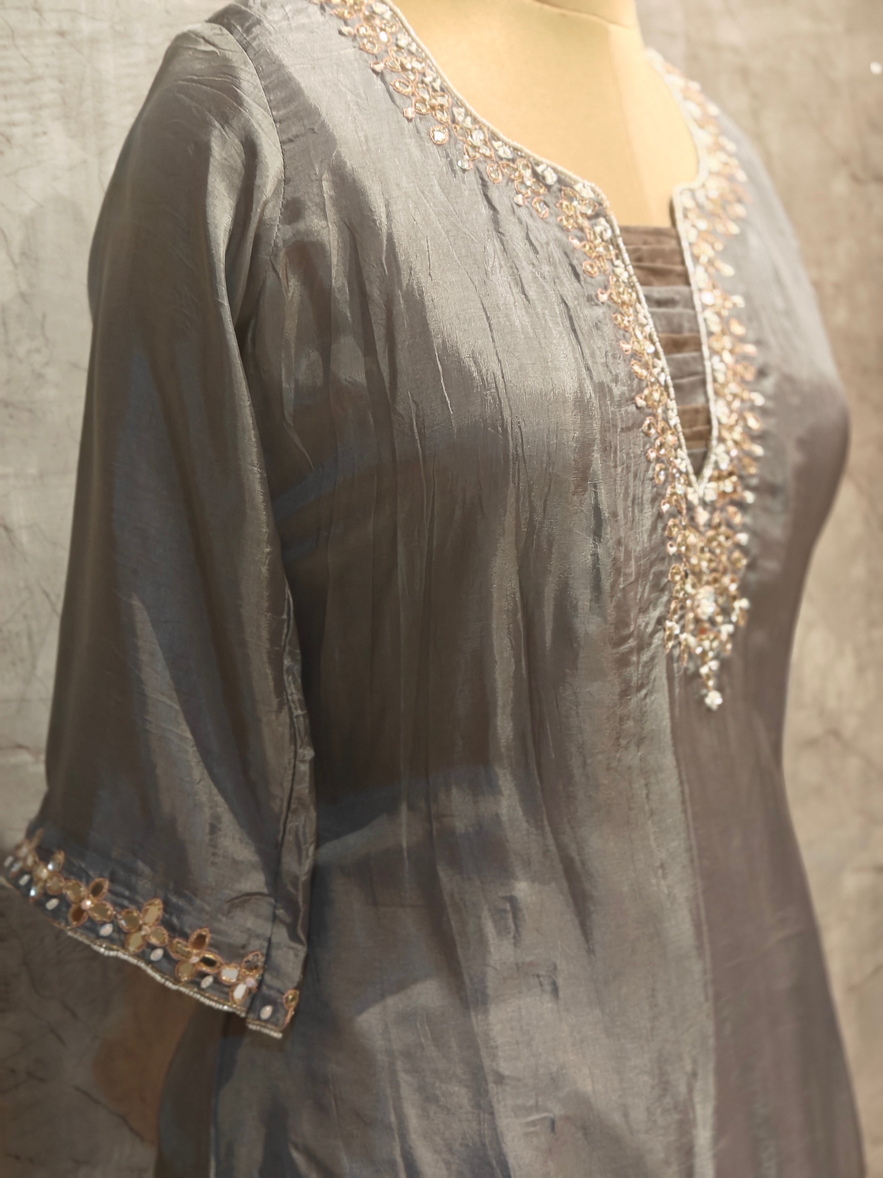 Grey Shimmer Hand Embroidery Kurtha