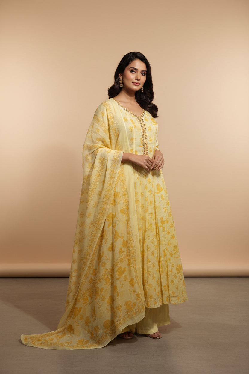 Yellow Cotton Block Print Anarkali  Kurtha 898