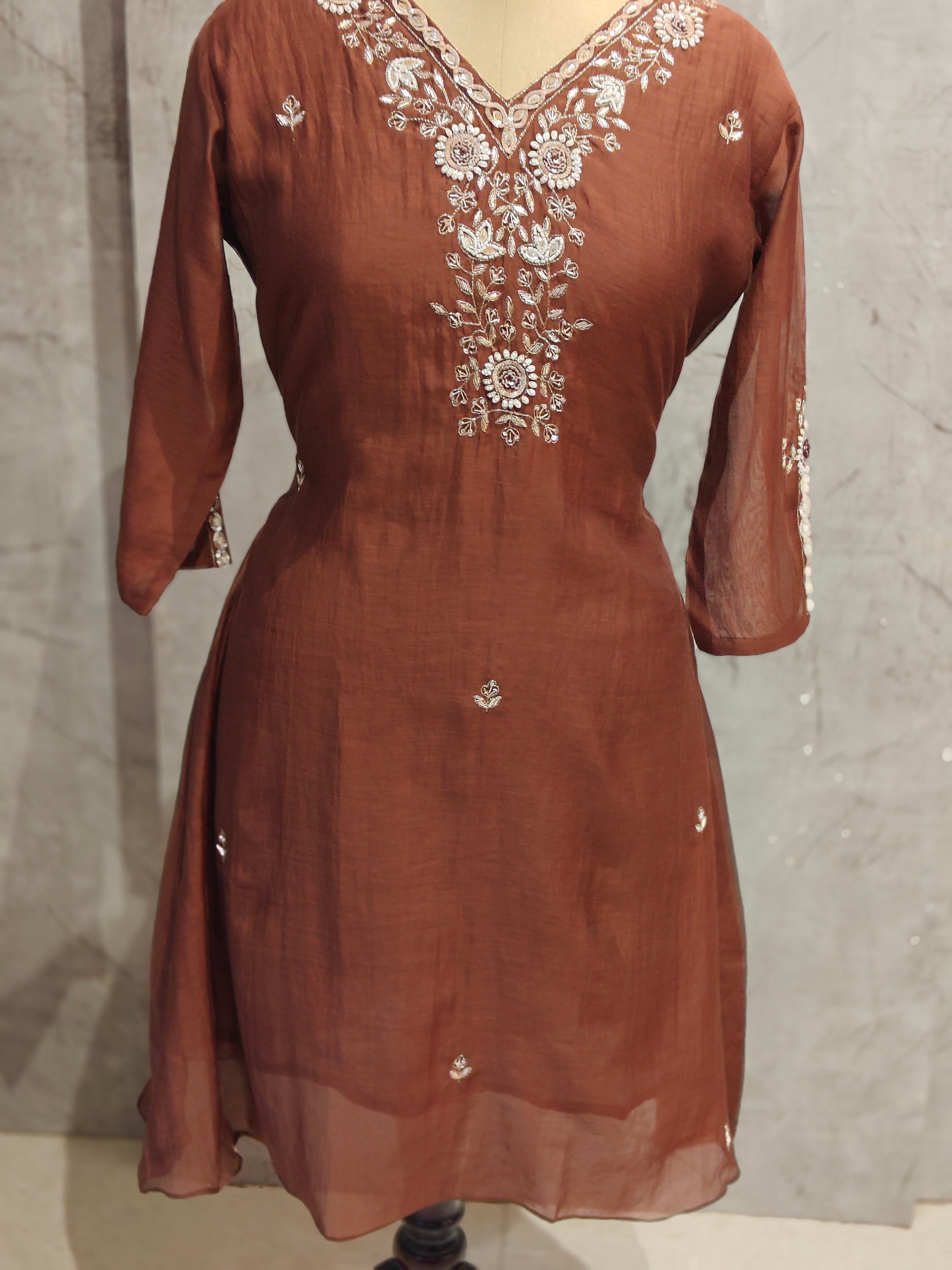 Brown Mul Chanderi Hand Embroidery Anarkali Kurtha 690