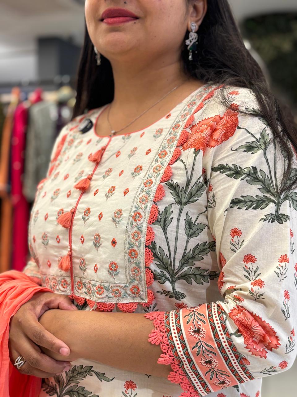 White nd orange Cotton Straight Fit Kurtha 377