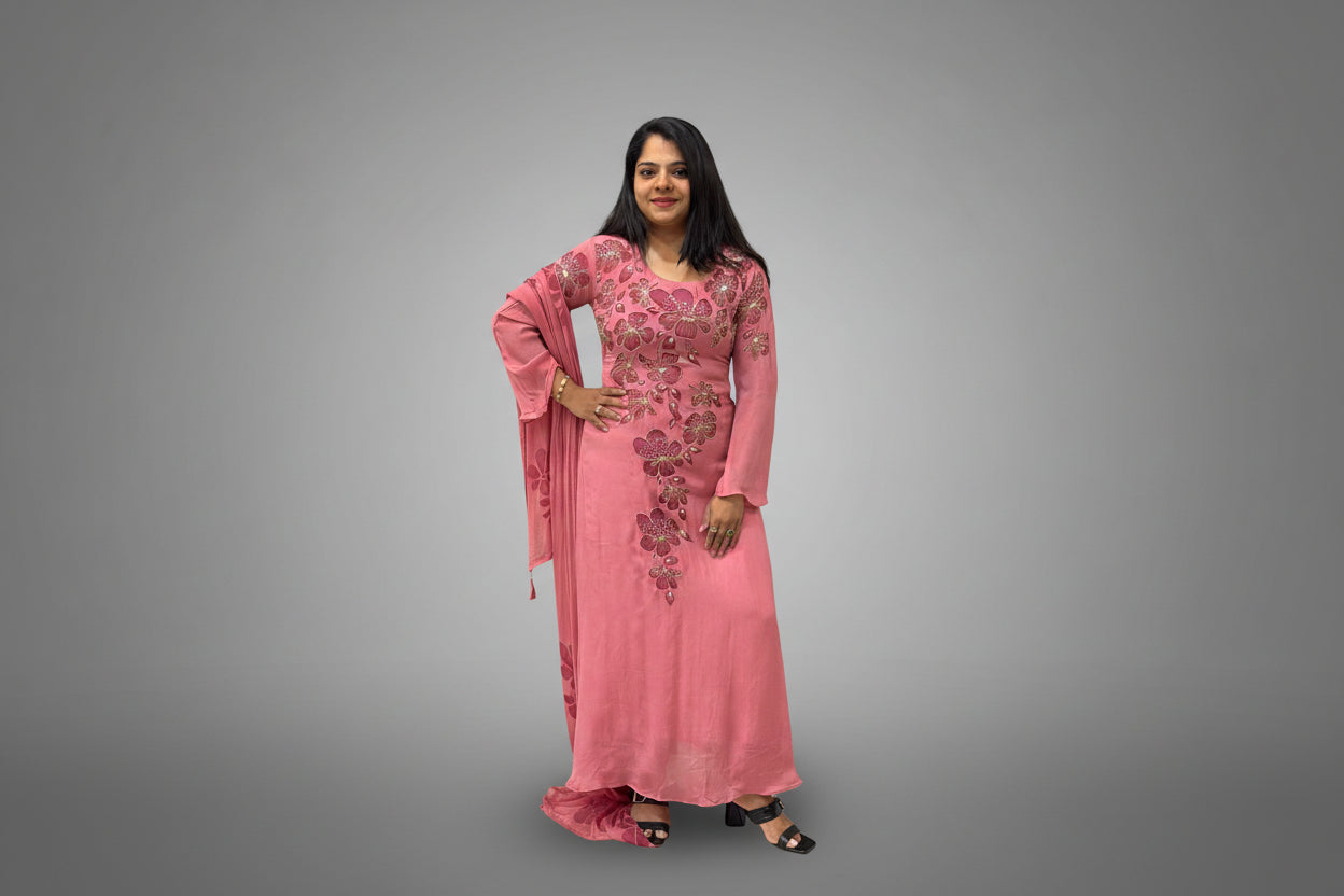 Onion Pink Airline  Chinnon Hand Embroidery Kurtha 765