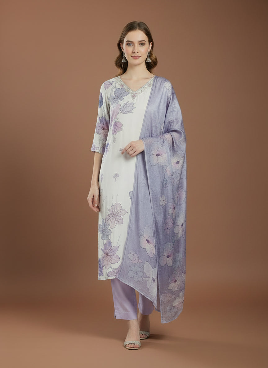 Purple Digital Print Handwork Crepe Kurtha 693