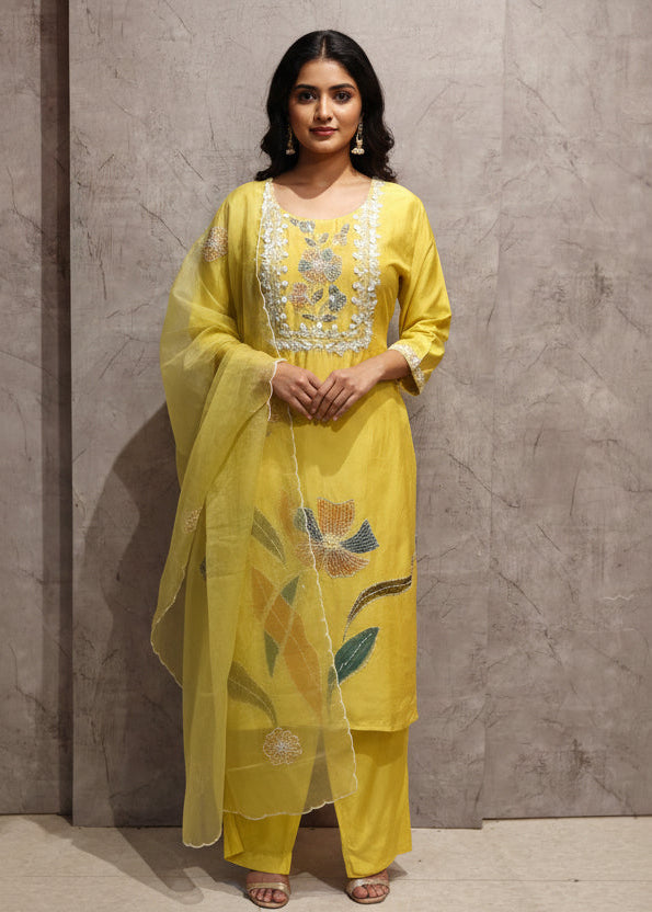 Yellow Dola Silk Thread Embroidery Kurtha 649