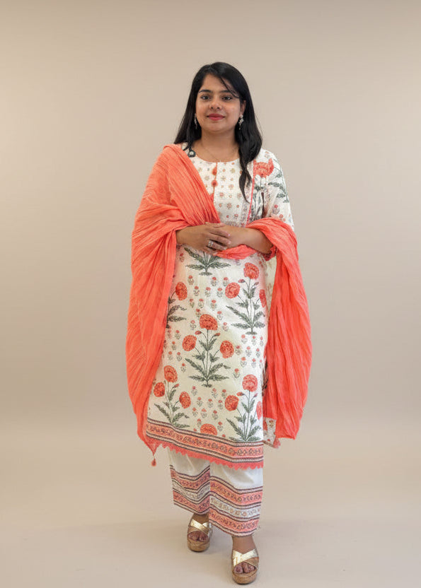 White nd orange Cotton Straight Fit Kurtha 377