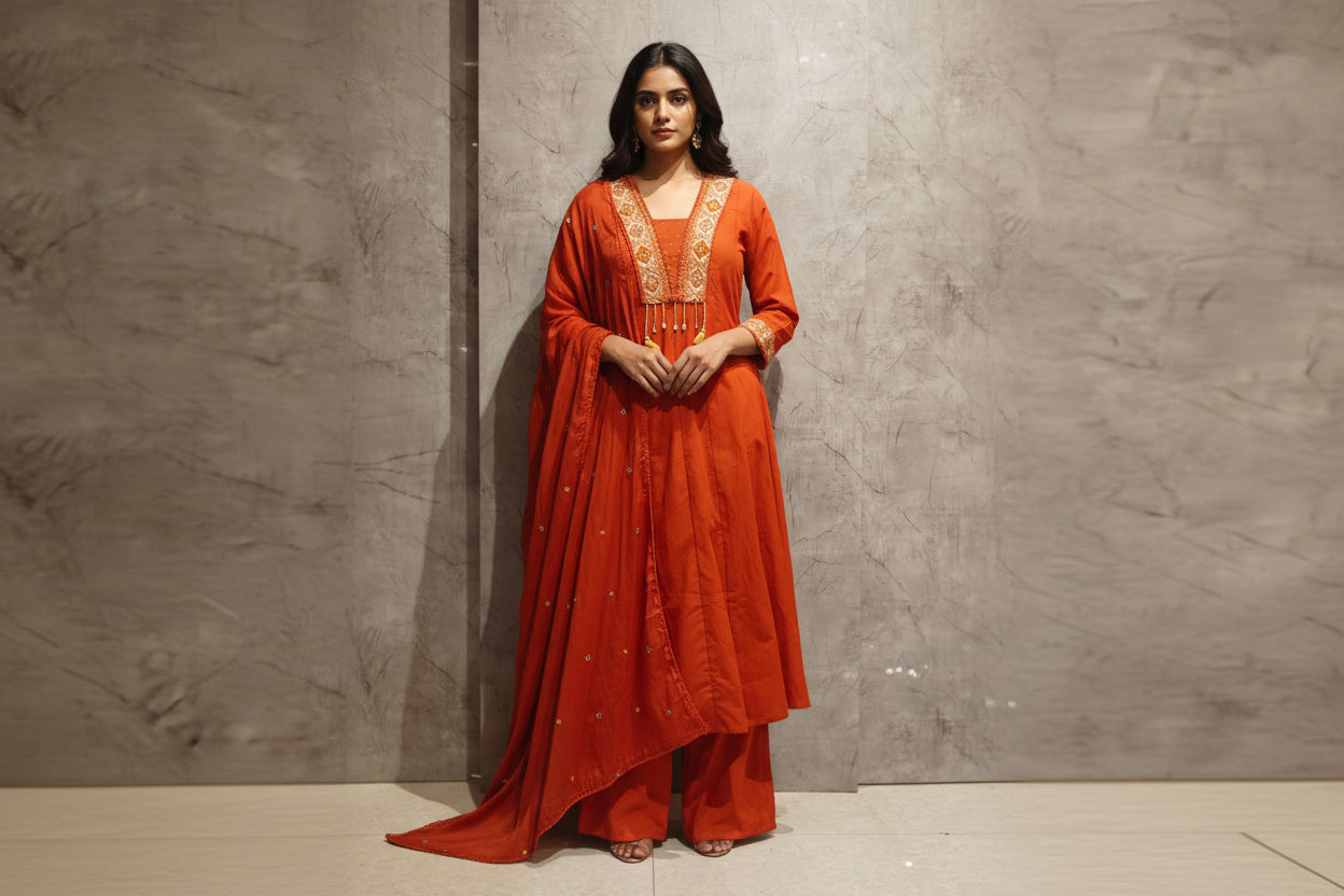 Orange Cotton Hand Embroidery Kurtha 646