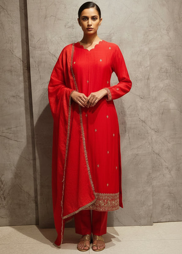 Red Mul Chanderi Designer Airline Kurtha Plus size