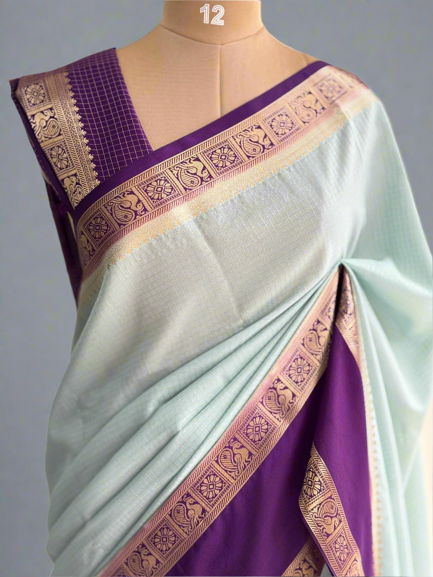 Skyblue n purple checks semi mysore crepe silk saree