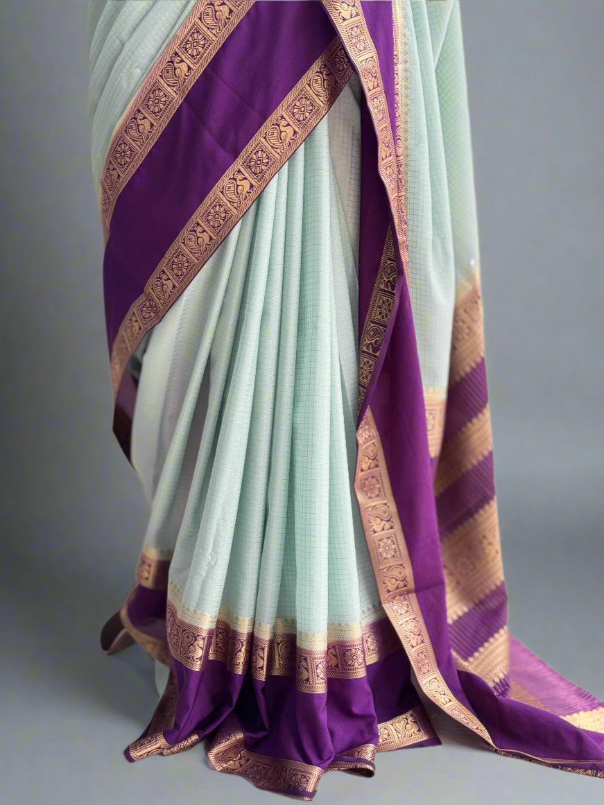 Skyblue n purple checks semi mysore crepe silk saree