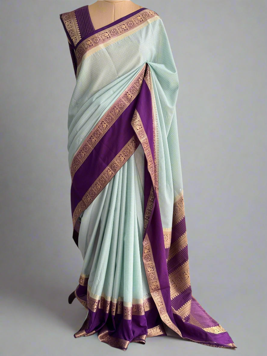 Skyblue n purple checks semi mysore crepe silk saree