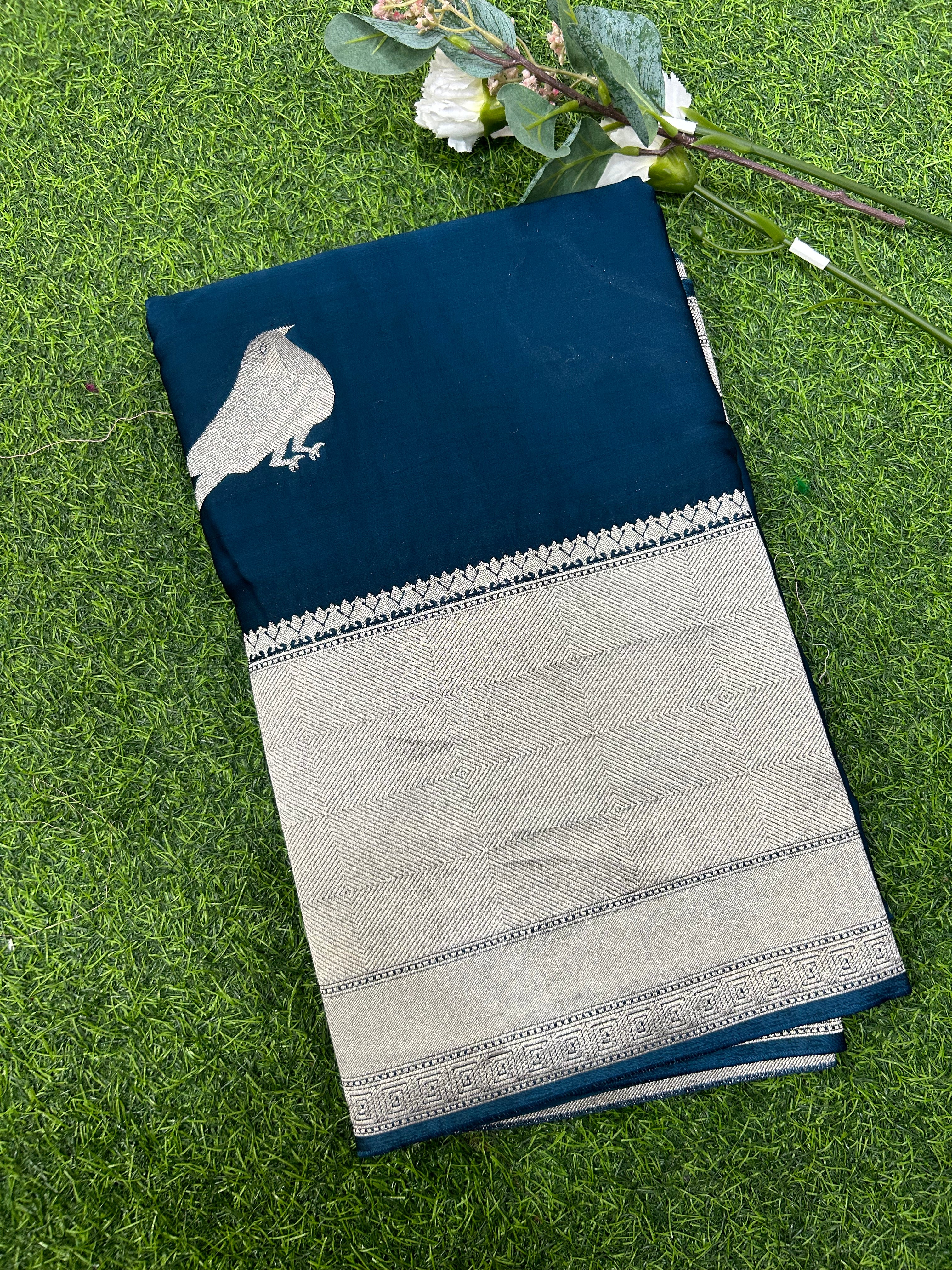 Peacock blue Sparrow butta  benaras pure satin silk saree