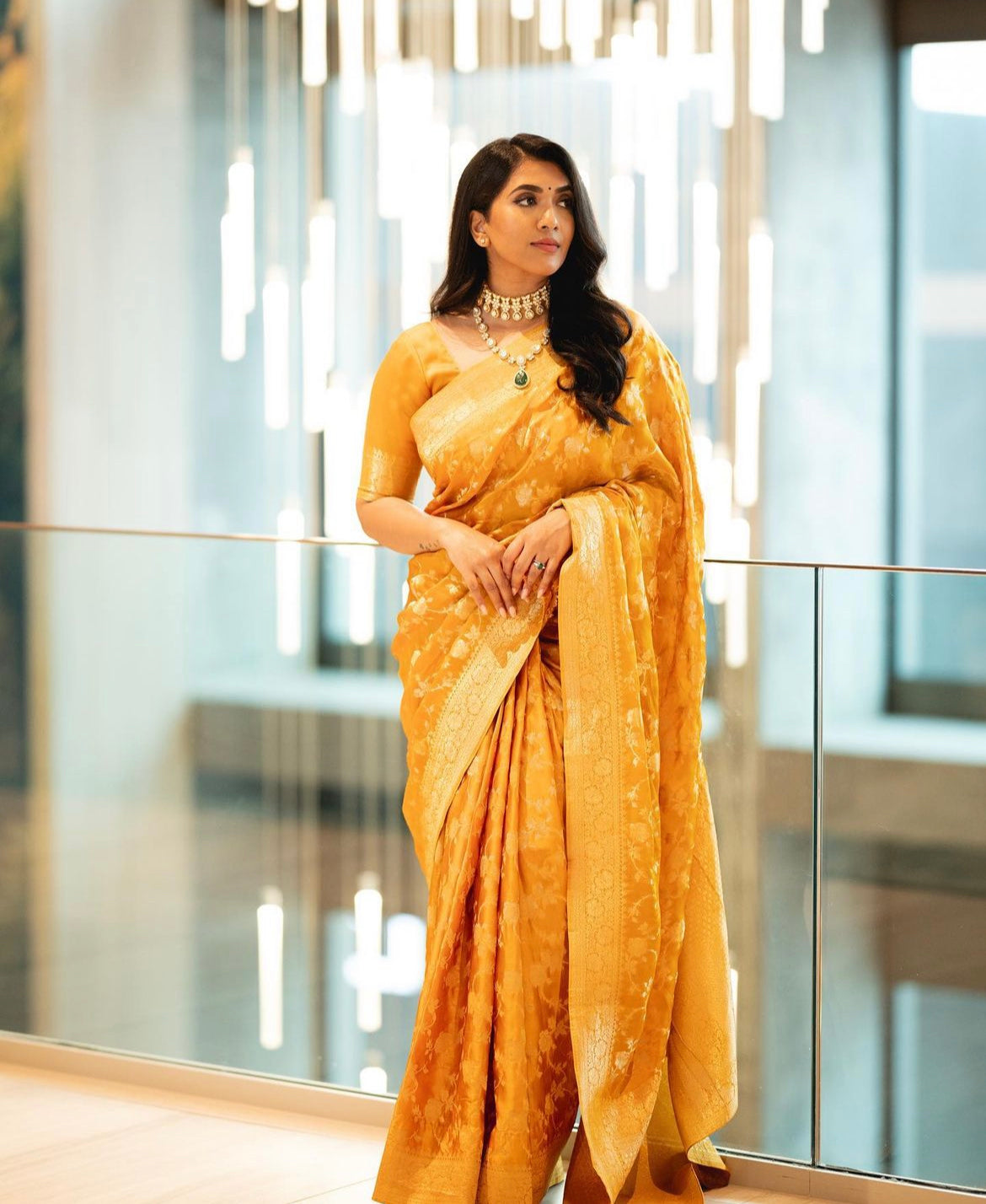 Yellow organza crepe silk saree
