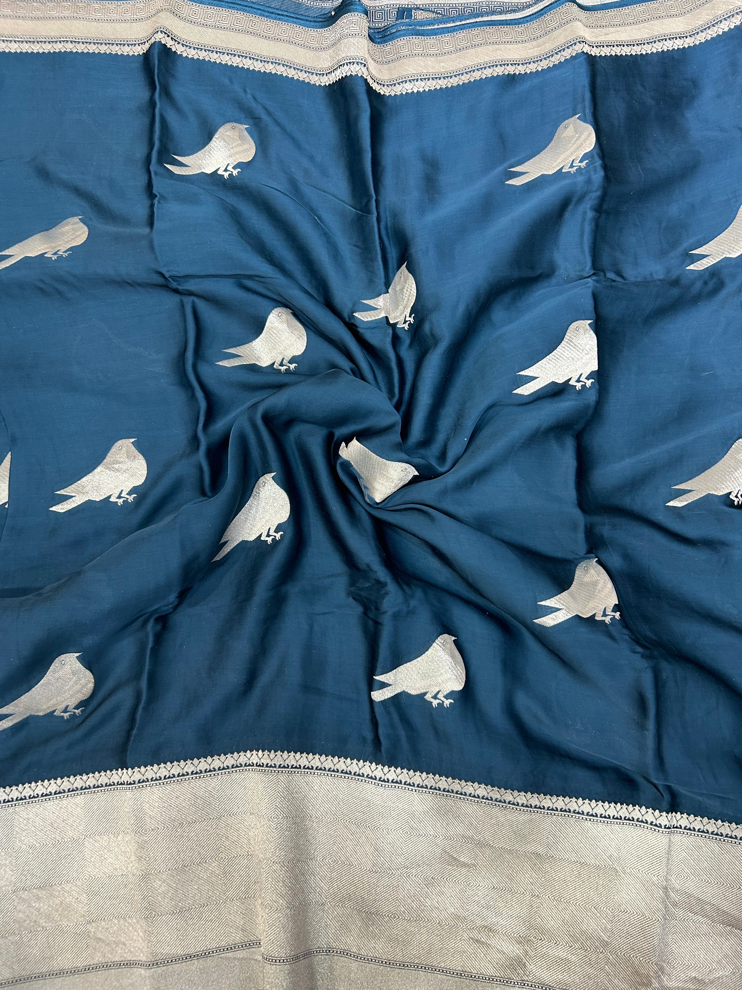 Peacock blue Sparrow butta  benaras pure satin silk saree