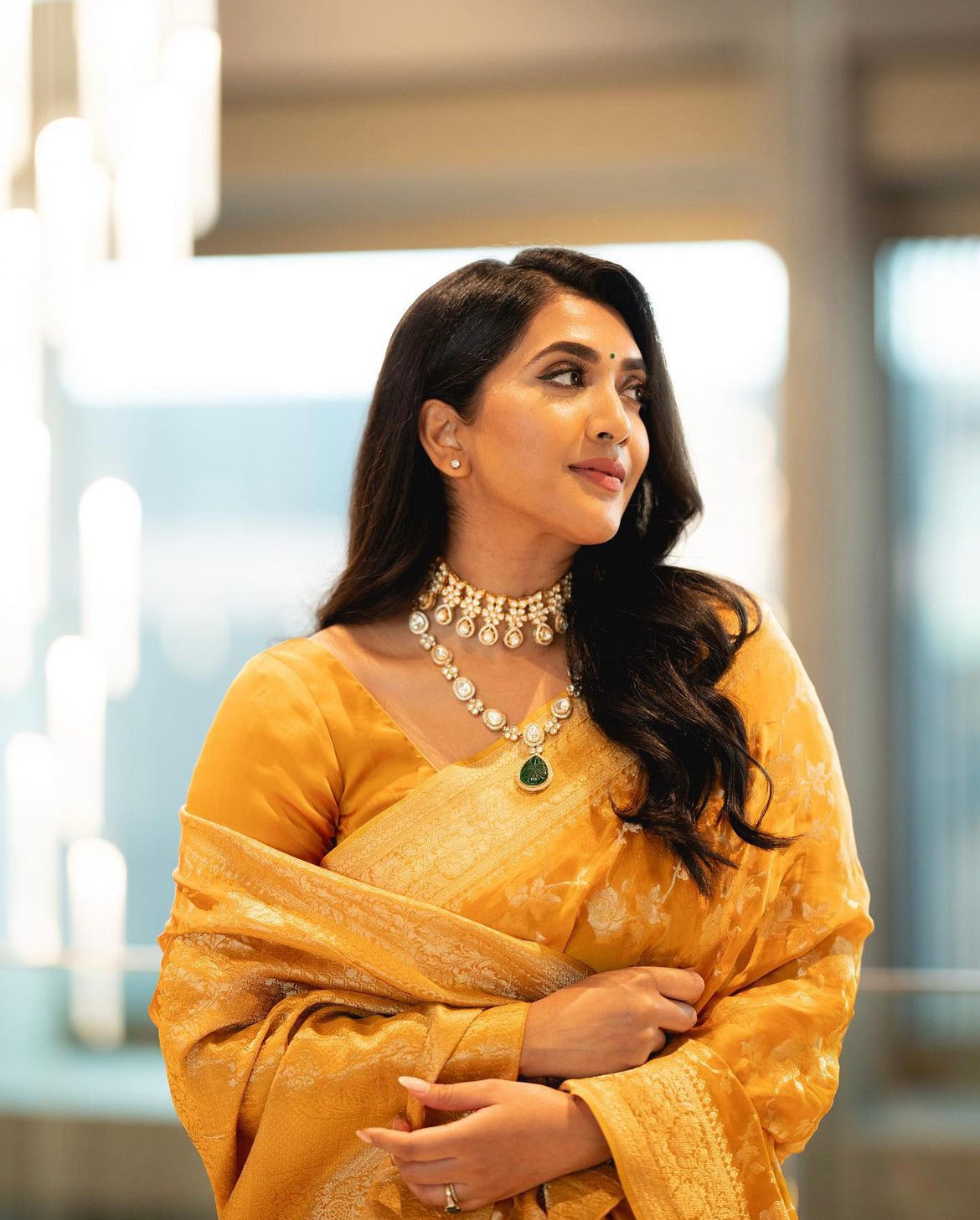 Yellow organza crepe silk saree