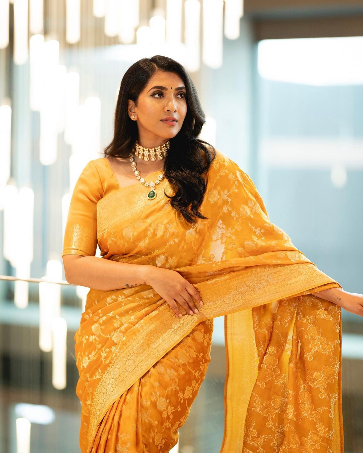 Yellow organza crepe silk saree