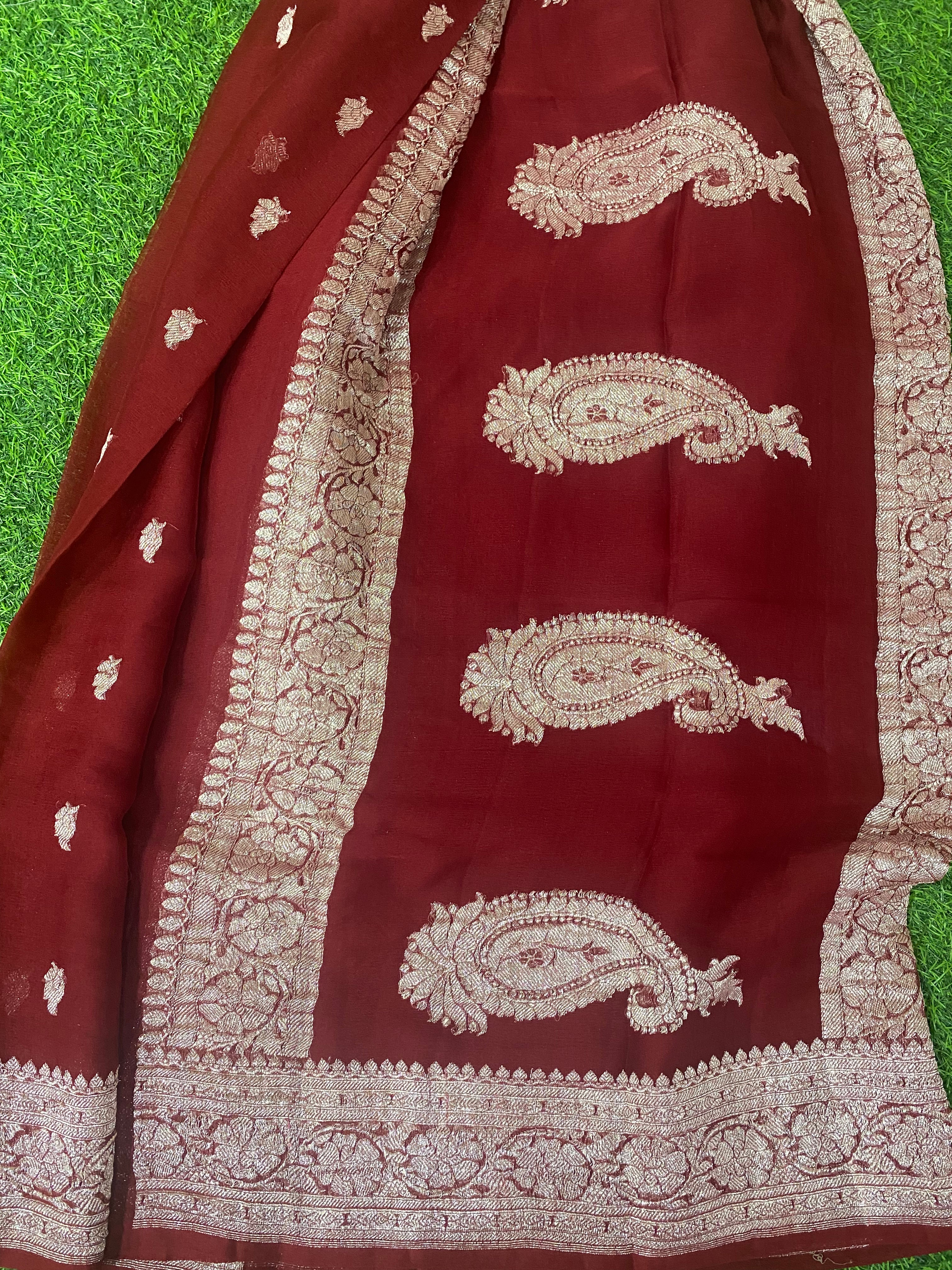 Burgandy benarasi pure chiffon saree