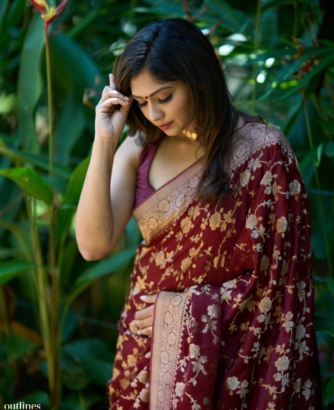 Brown organza crepe silk saree