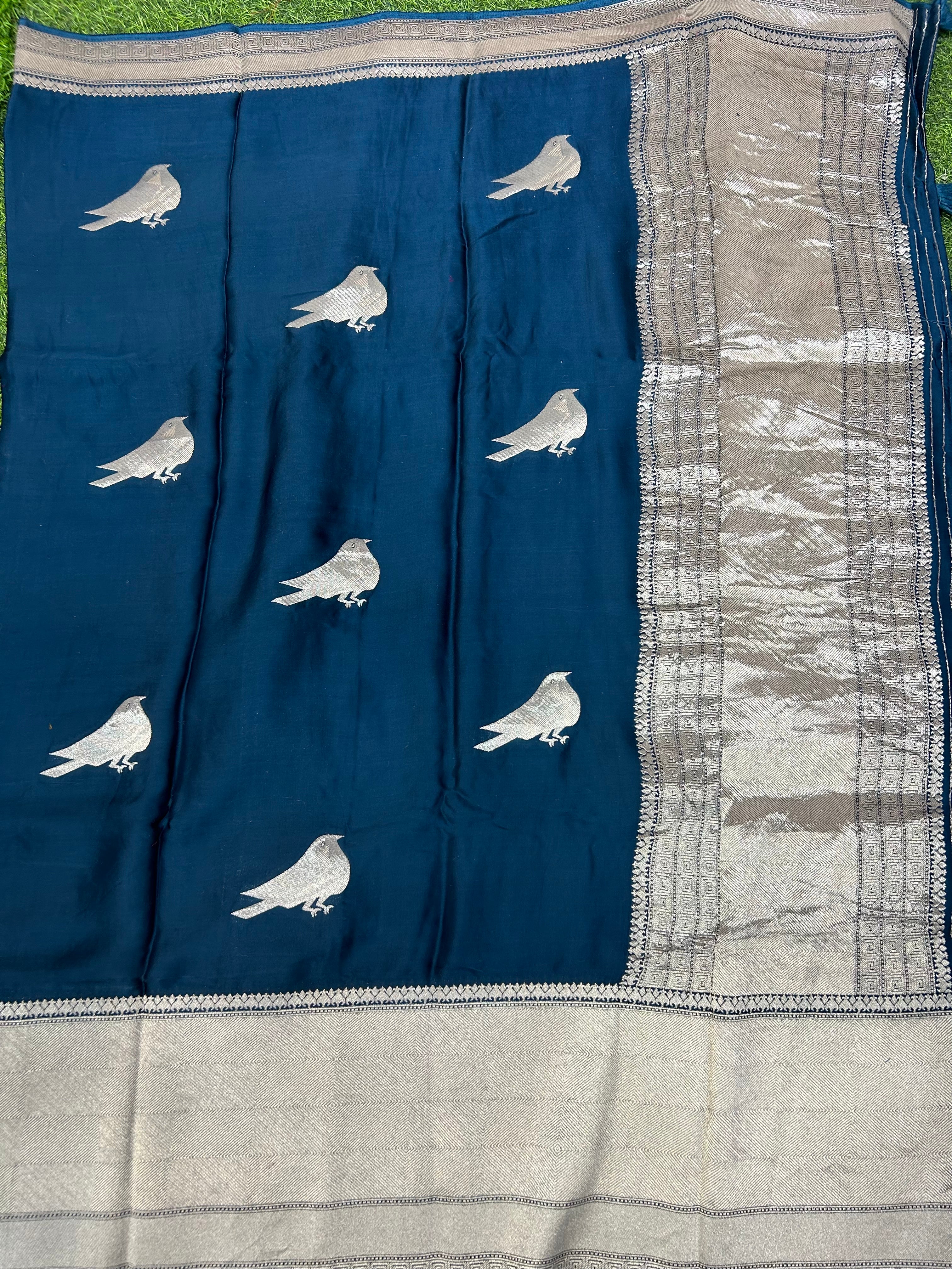 Peacock blue Sparrow butta  benaras pure satin silk saree