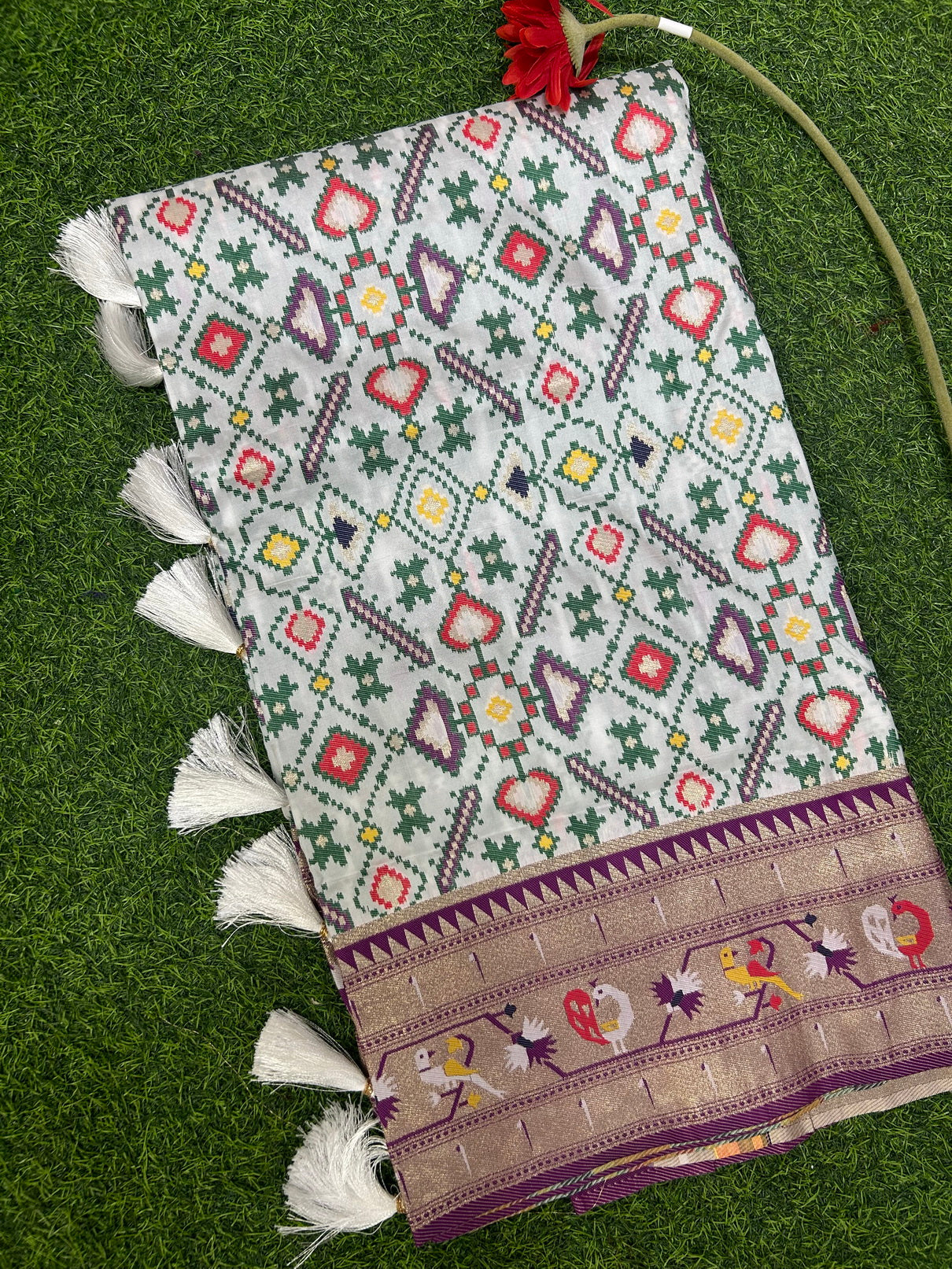 White copper border patola saree