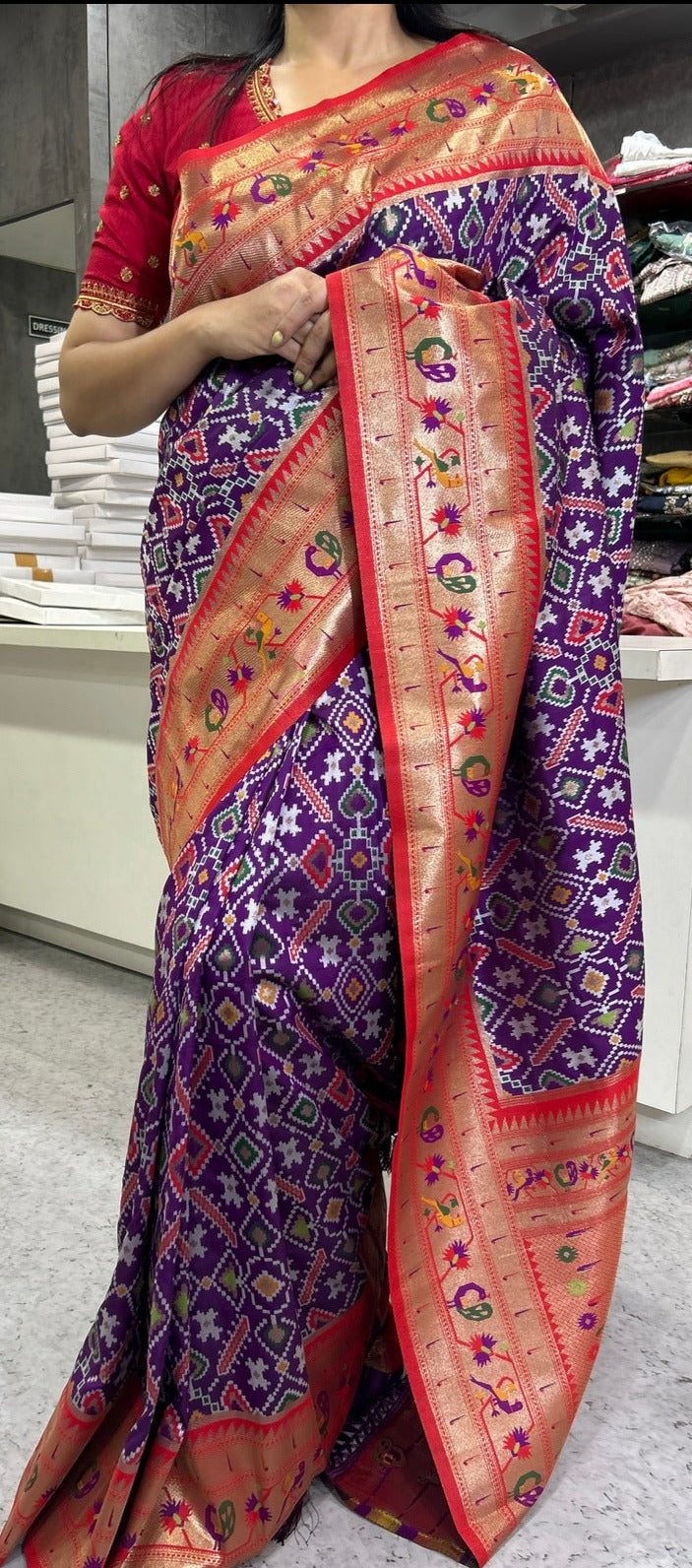 Wine and red paithani border patola saree