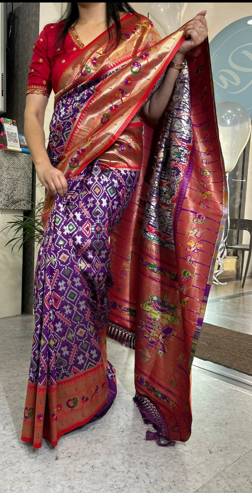 Wine and red paithani border patola saree
