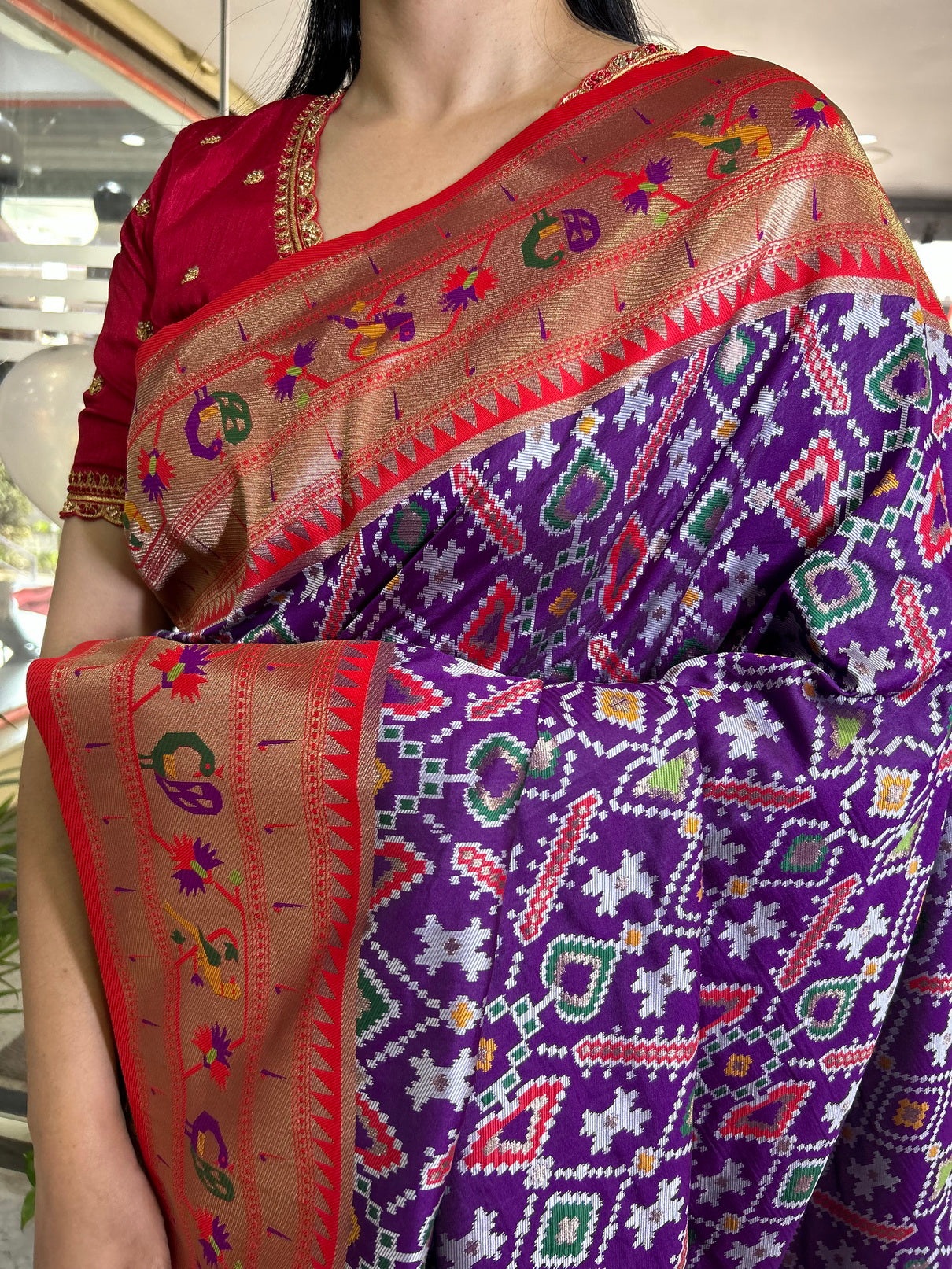Wine and red paithani border patola saree
