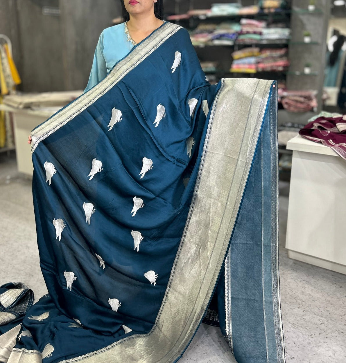 Peacock blue sparrow butta benarasi satin silk saree