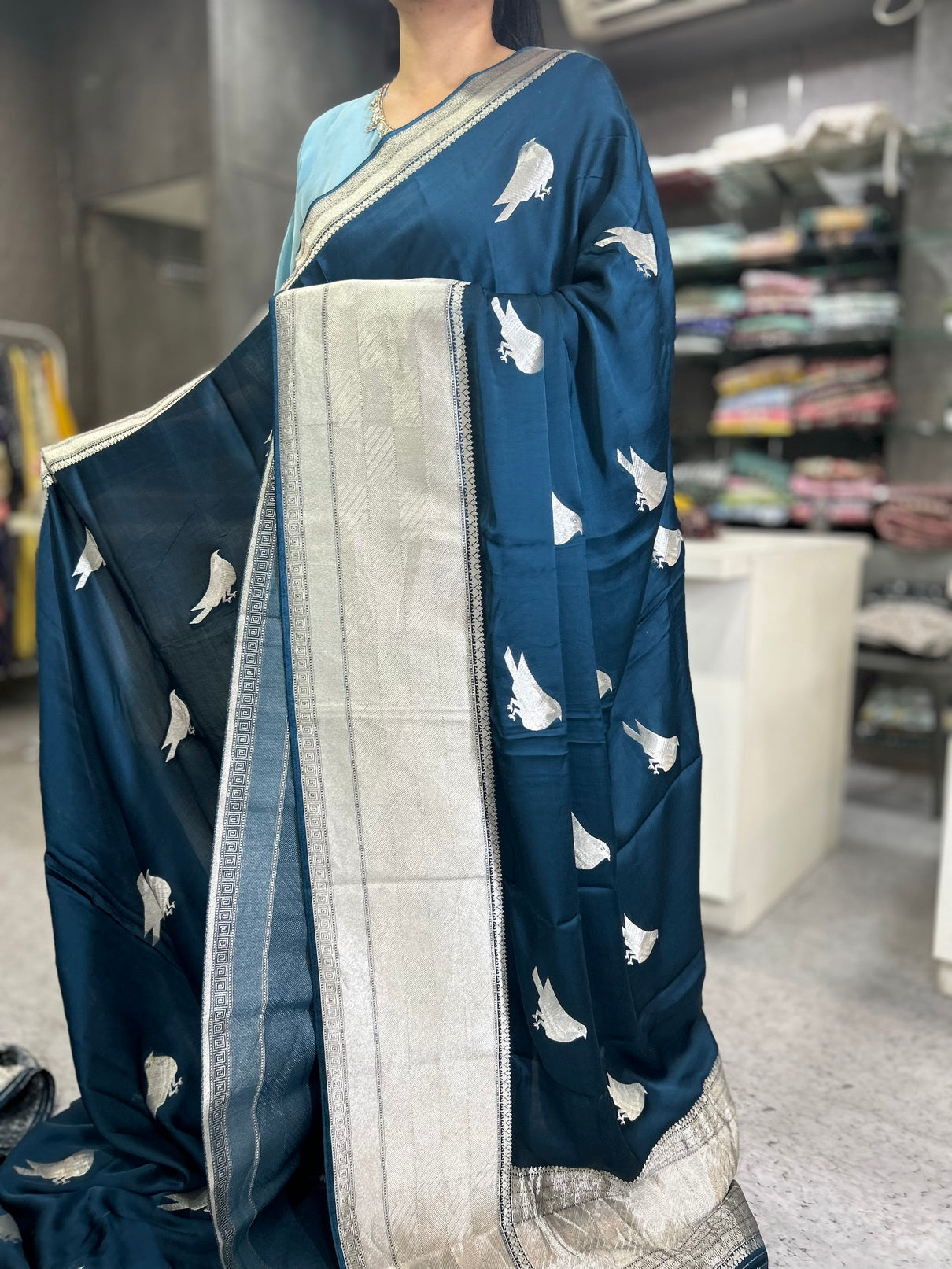 Peacock blue sparrow butta benarasi satin silk saree