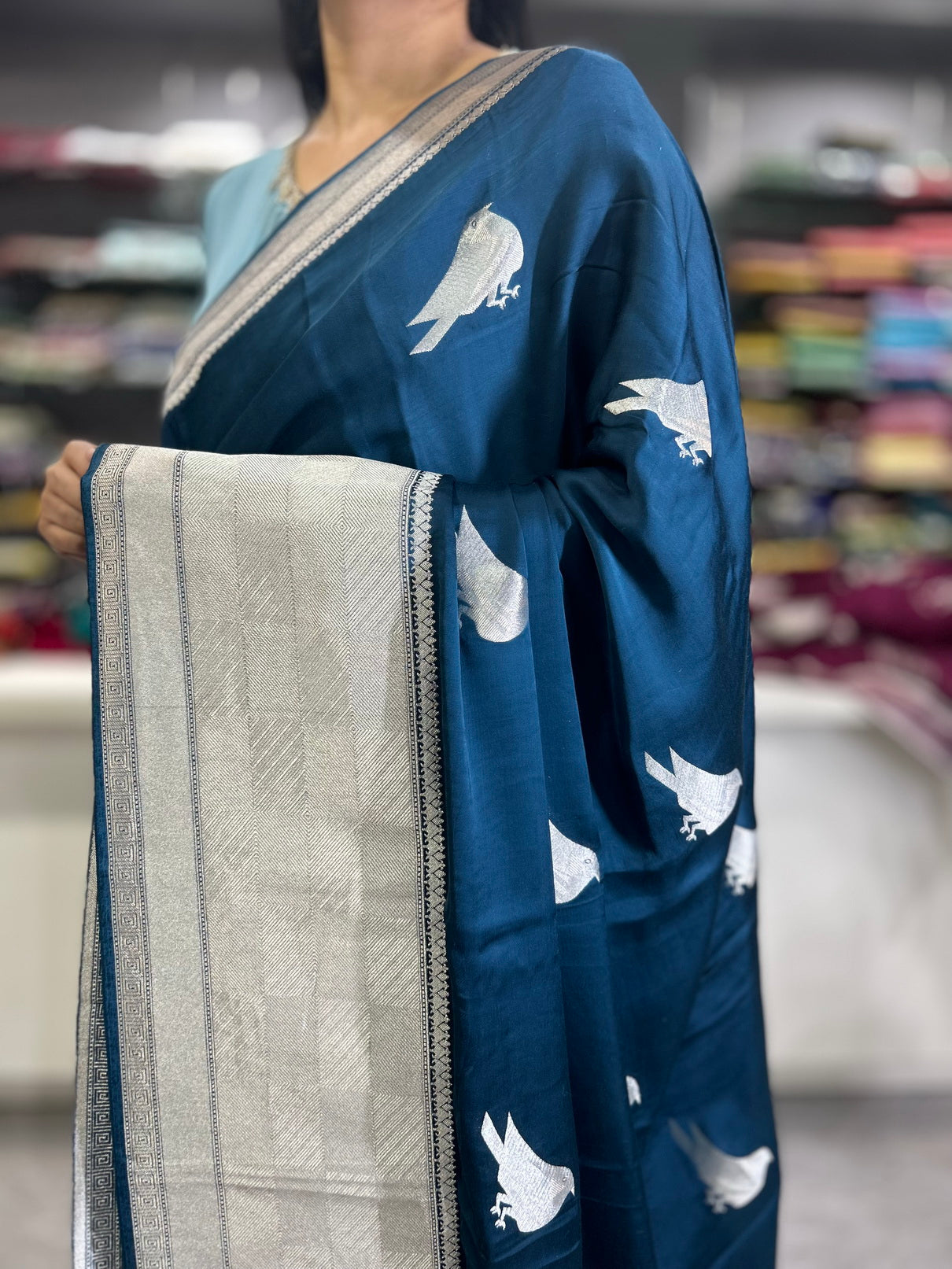 Peacock blue sparrow butta benarasi satin silk saree
