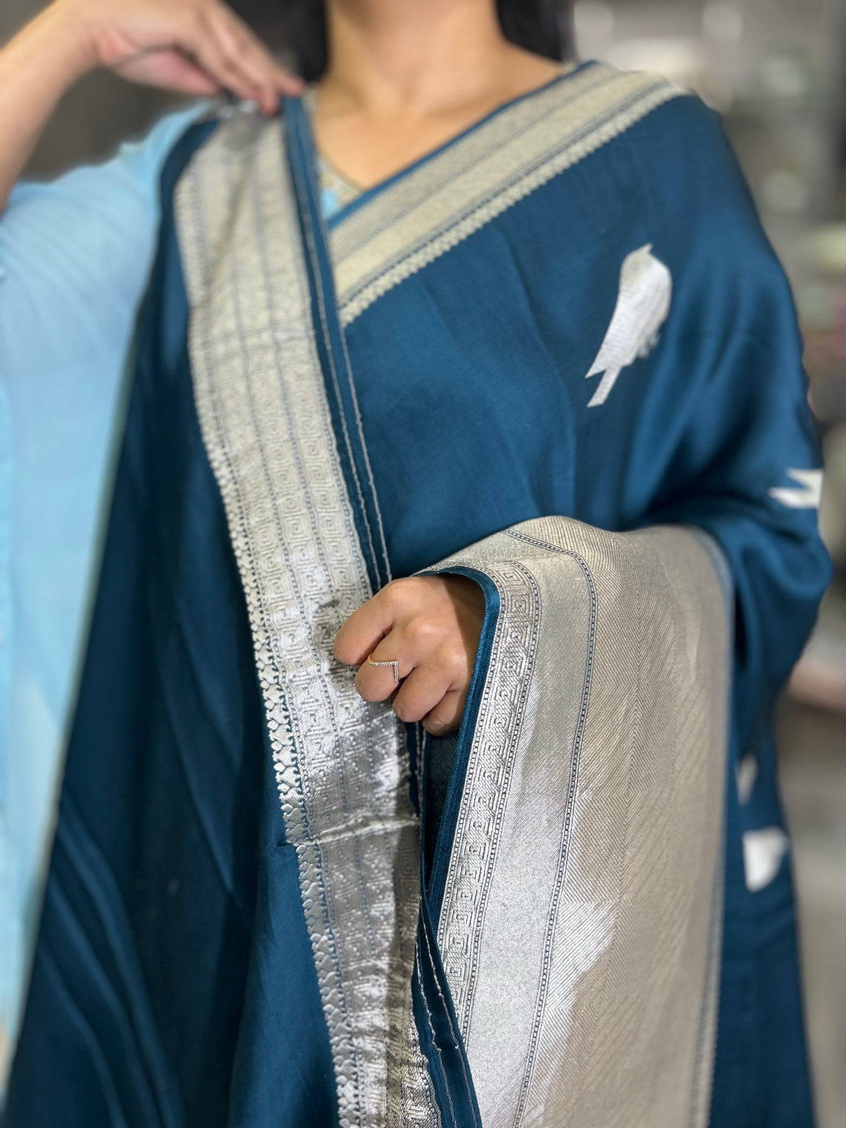 Peacock blue sparrow butta benarasi satin silk saree